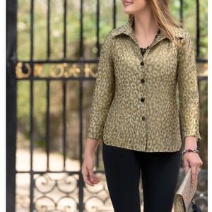 Nina McLemore Gold Metallic Leopard Jacquard Blazer Jacket Womens 14 Made in USA